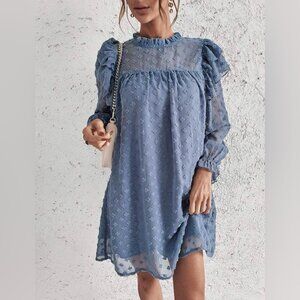 SHEIN Swiss dot dusty blue ruffle trim flounce sleeve chiffon dress S/4